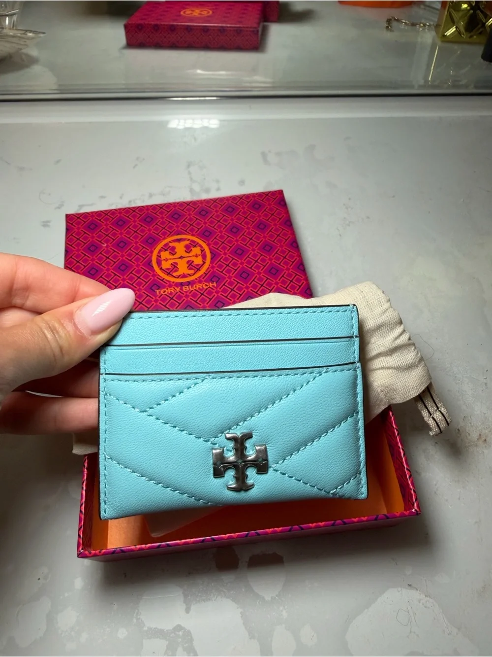 Tory Burch Sky Blue Quilted Leather Card Case with Logo
